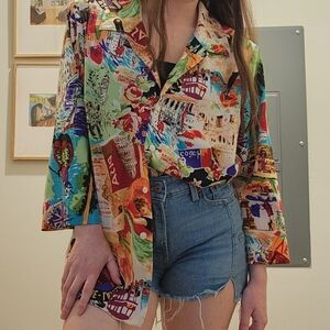 Vintage Vacation Travel Graphic Button Down